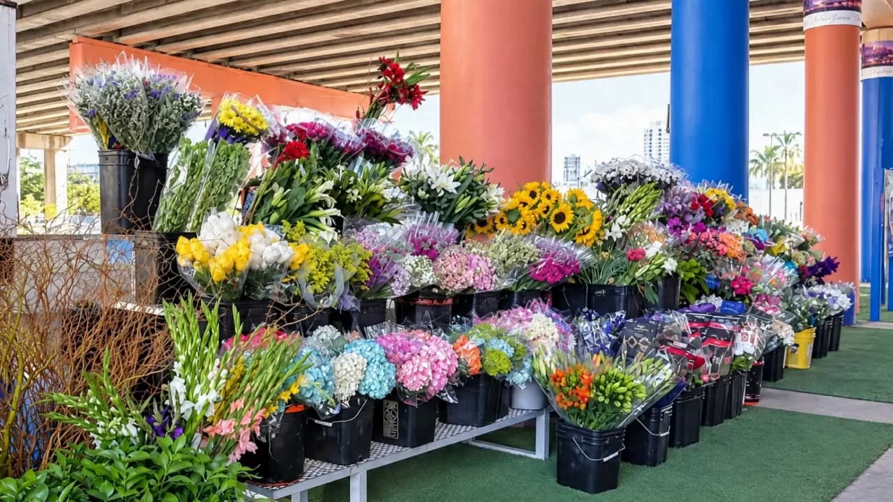 El puesto de Angela's Flower's Miami bajo el paso elevado del Design District, con cubos llenos de ramos, girasoles e hortensias